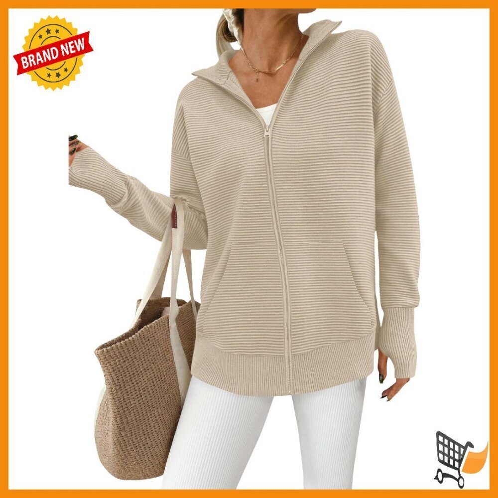 Long Sleeve Zip Up Cardigan Sweater with Thumb Holes & Pocket